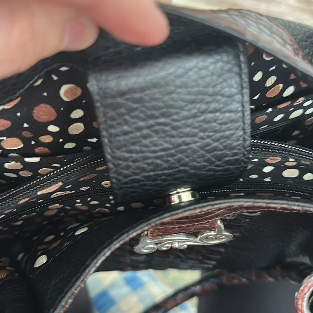 BRIGHTON Black & Brown Leather Hobo Bag With Silver Hardware Braided Shoulder.